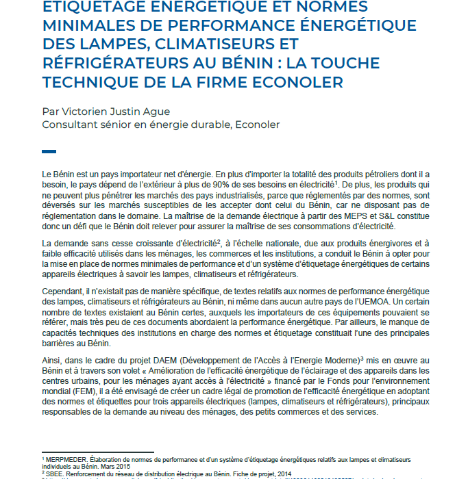 Étiquetage énergétique et normes minimales de performance énergétique des lampes, climatiseurs et réfrigérateurs au Bénin : la touche technique de la firme Econoler