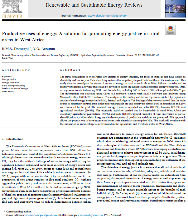 Productive uses of energy: A solution for promoting energy justice in rural areas in West Africa